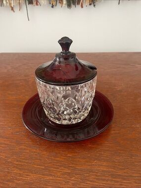 Ruby Red Glass Covered Sugar Bowl with Underplate - or jelly jar